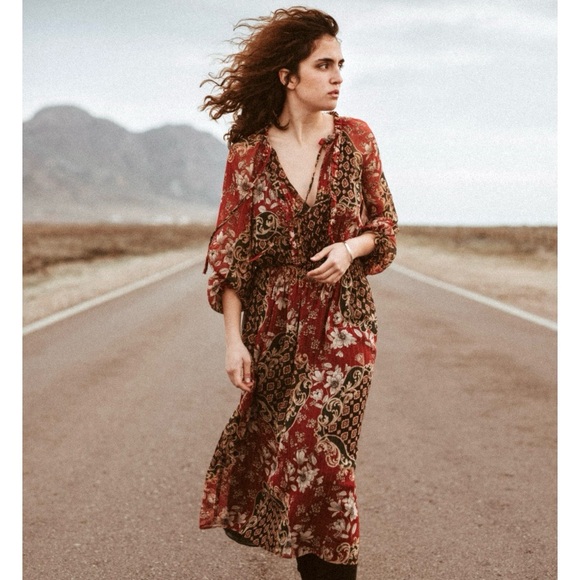 Zara bohemian floral printed metallic thread midi dress red gold - Picture 1 of 15